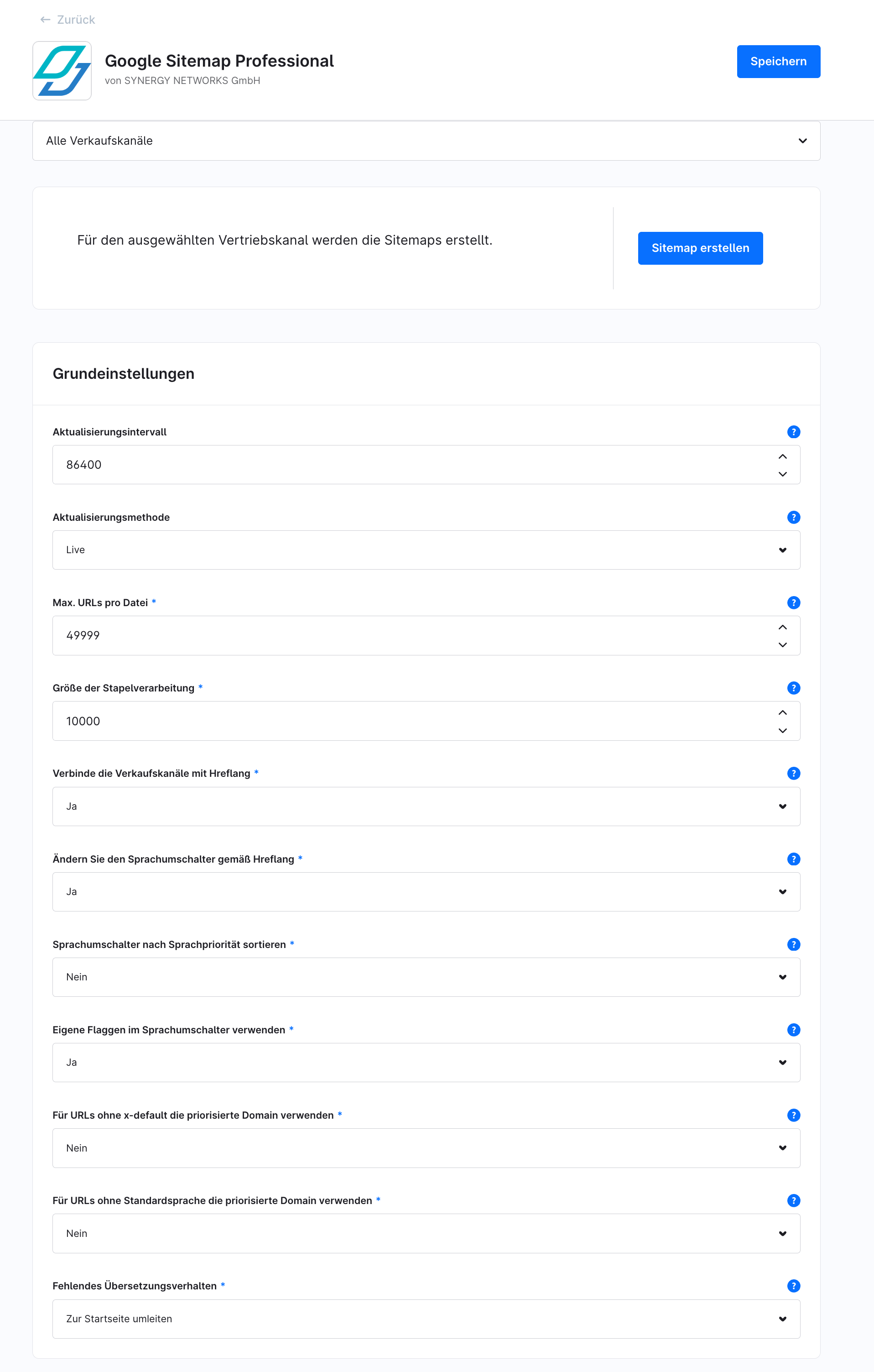 Pluginnets grundindstillinger med opdateringsmetode, opdateringsinterval og maksimalt antal URL'er pr. fil
