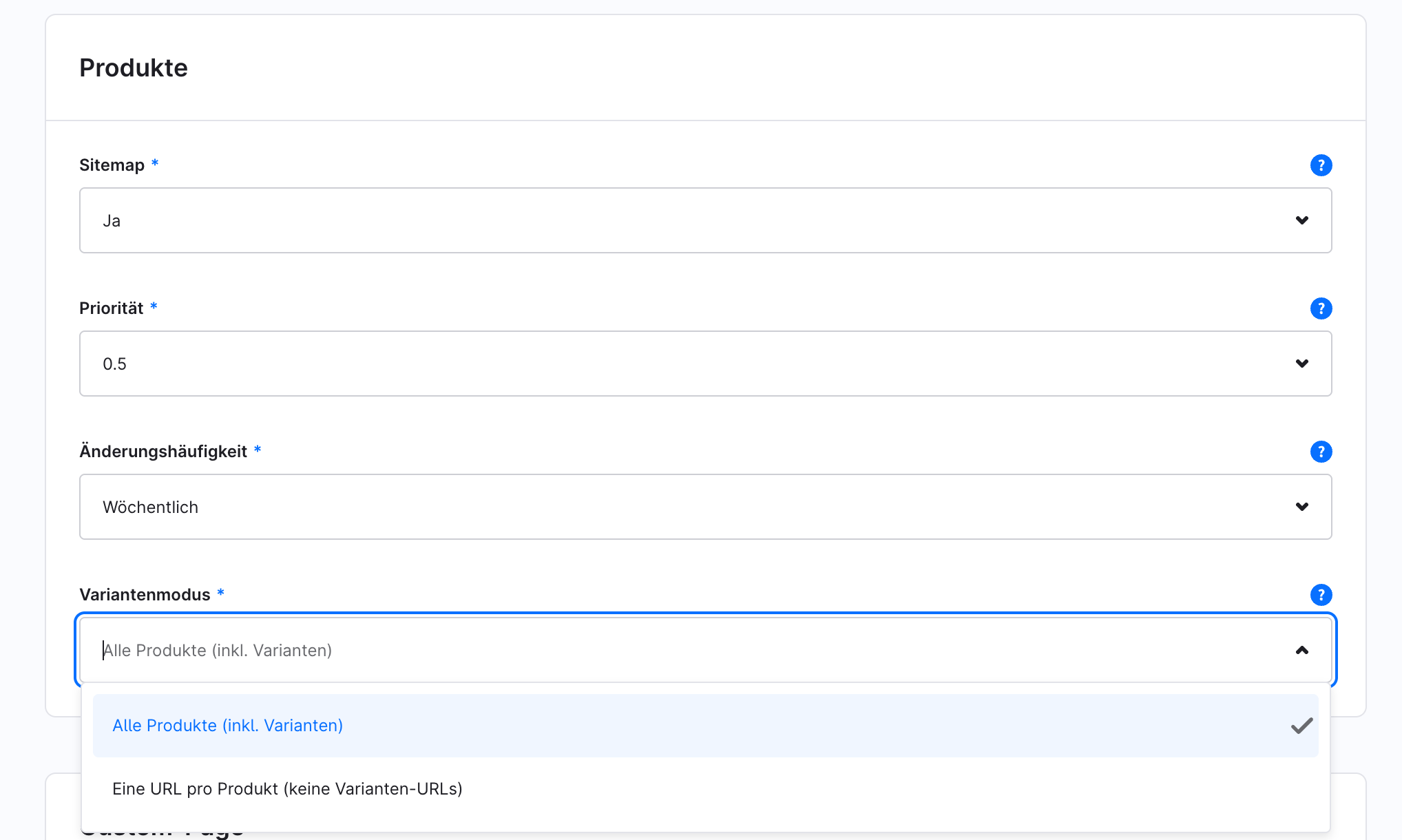 Valg af variantmodus i plugin-konfigurationen: alle produkter inklusive varianter eller én URL pr. produkt
