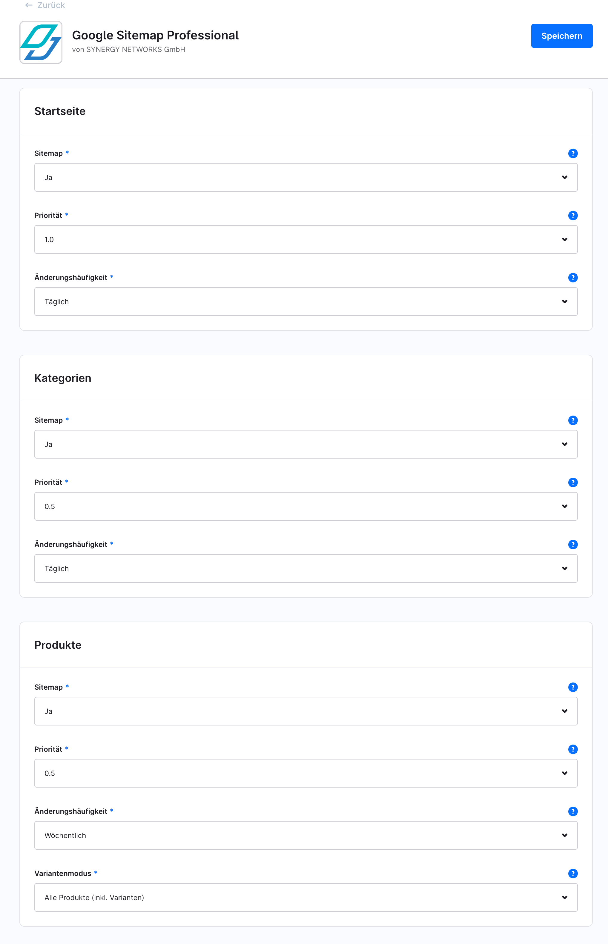 Sitemap-indstillinger pr. indholdstype i plugin-konfigurationen: forside, kategorier og produkter med prioritet og ændringshyppighed